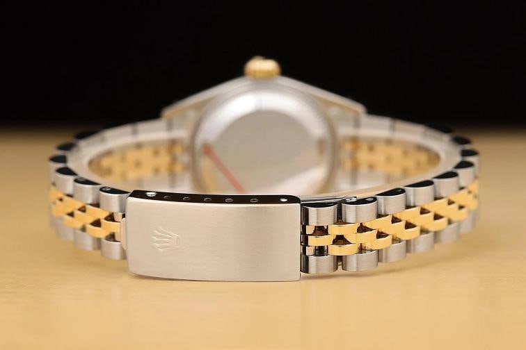 ROLEX LADIES DATEJUST 69173 WHITE MOTHER OF PEARL SAPPHIRE 18K GOLD STEEL WATCH - 6