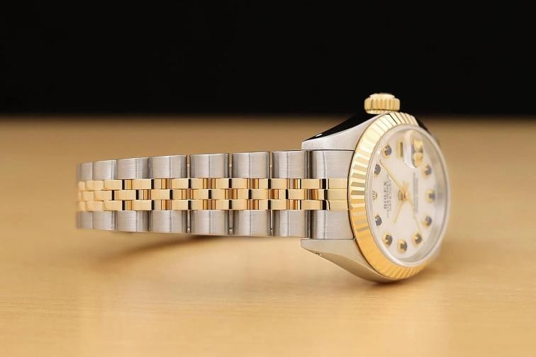 ROLEX LADIES DATEJUST 69173 WHITE MOTHER OF PEARL SAPPHIRE 18K GOLD STEEL WATCH - 7