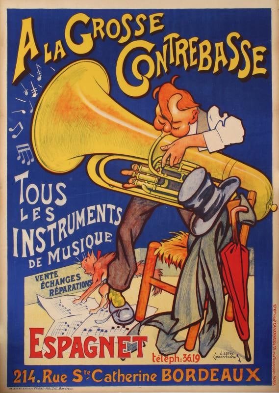 Original Vintage Poster - Laumond - Cello - Music - Cat - Jazz - Instrument 1920: Condition: Used,Artist: Laumond,Unit of Sale: Single-Piece Work,Signed By: Laumond,Size: Large,Signed: Yes,Color: Blue - Yellow - Red - Orange,Title: A la Grosse Contrebasse,Certificate of