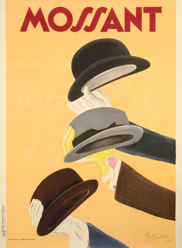 Original Poster, Hat, Mossant Hat, Gentleman's Fashion, Glove, Felt 1938-: Condition: Used,Pays d'origine: France,Epoque: RÃƒÂ©tro (1900-1979),Dimensions: 120 x 160 cm,Impression: Couleur,ThÃƒÂ¨me: Mode Artiste : Leonetto Cappiello Tit