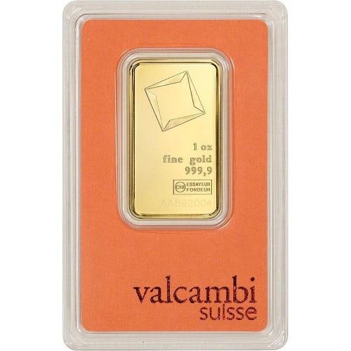 1 oz. Gold Bar - Valcambi Suisse - 999.9 Fine in Assay: Circulated/Uncirculated: Uncirculated,Denomination: 1 oz,Coin: Gold Bars,Composition: Gold,Shape: Bar,Fineness: 999.9,Strike Type: Business,Total Precious Metal Content: 1 oz,Brand/Mint: Valcambi,Coun