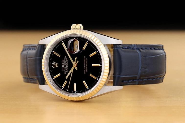 ROLEX MENS DATEJUST 16233 BLACK 18K GOLD STAINLESS STEEL BLUE LEATHER BAND WATCH - 2