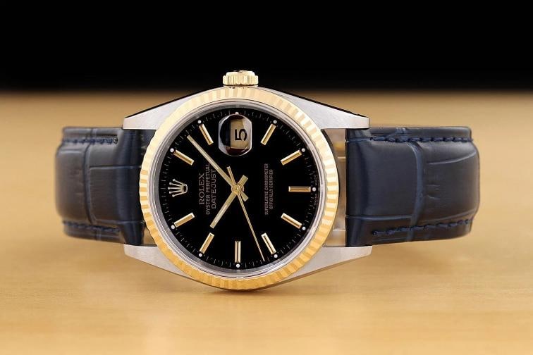 ROLEX MENS DATEJUST 16233 BLACK 18K GOLD STAINLESS STEEL BLUE LEATHER BAND WATCH - 3