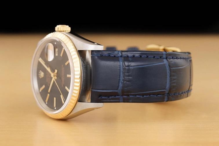 ROLEX MENS DATEJUST 16233 BLACK 18K GOLD STAINLESS STEEL BLUE LEATHER BAND WATCH - 4