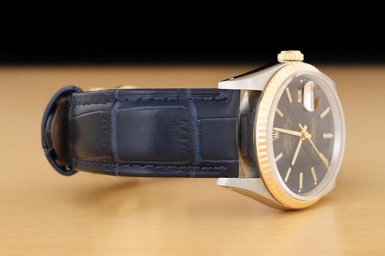 ROLEX MENS DATEJUST 16233 BLACK 18K GOLD STAINLESS STEEL BLUE LEATHER BAND WATCH - 7