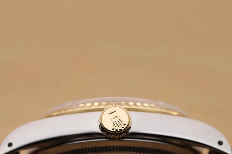 ROLEX MENS DATEJUST 16233 BLACK 18K GOLD STAINLESS STEEL BLUE LEATHER BAND WATCH - 9