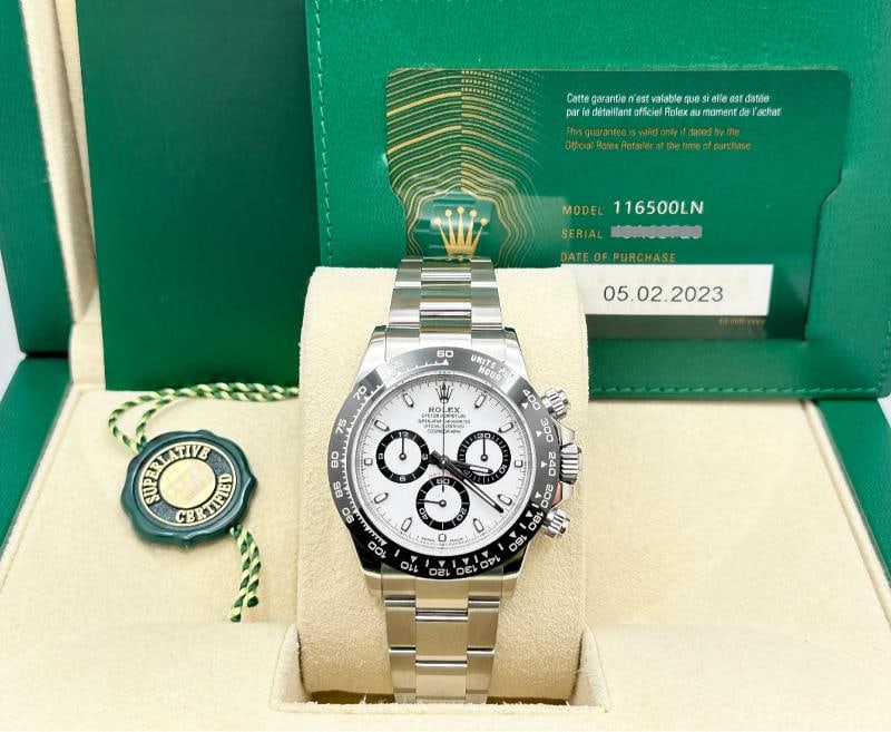 2023 Rolex Daytona Panda 116500LN White Dial Ceramic Bezel Steel Box Papers: Style Number: 116500LN Year: 2023 Model: Rolex Daytona Cosmograph 'Panda' Case Material: Stainless Steel Band: Stainless Steel Bezel: Black Ceramic Dial: White Crystal: