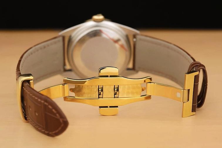 ROLEX DATEJUST 16013 18K GOLD STEEL RED VIGNETTE DIAMOND WATCH w/ LEATHER BAND - 10