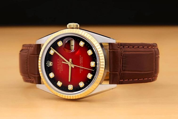 ROLEX DATEJUST 16013 18K GOLD STEEL RED VIGNETTE DIAMOND WATCH w/ LEATHER BAND - 2