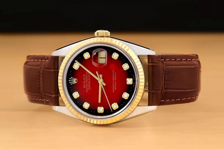 ROLEX DATEJUST 16013 18K GOLD STEEL RED VIGNETTE DIAMOND WATCH w/ LEATHER BAND - 3