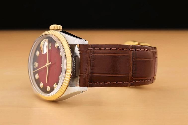 ROLEX DATEJUST 16013 18K GOLD STEEL RED VIGNETTE DIAMOND WATCH w/ LEATHER BAND - 4