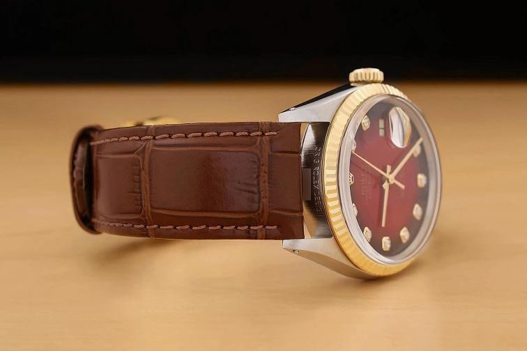 ROLEX DATEJUST 16013 18K GOLD STEEL RED VIGNETTE DIAMOND WATCH w/ LEATHER BAND - 7