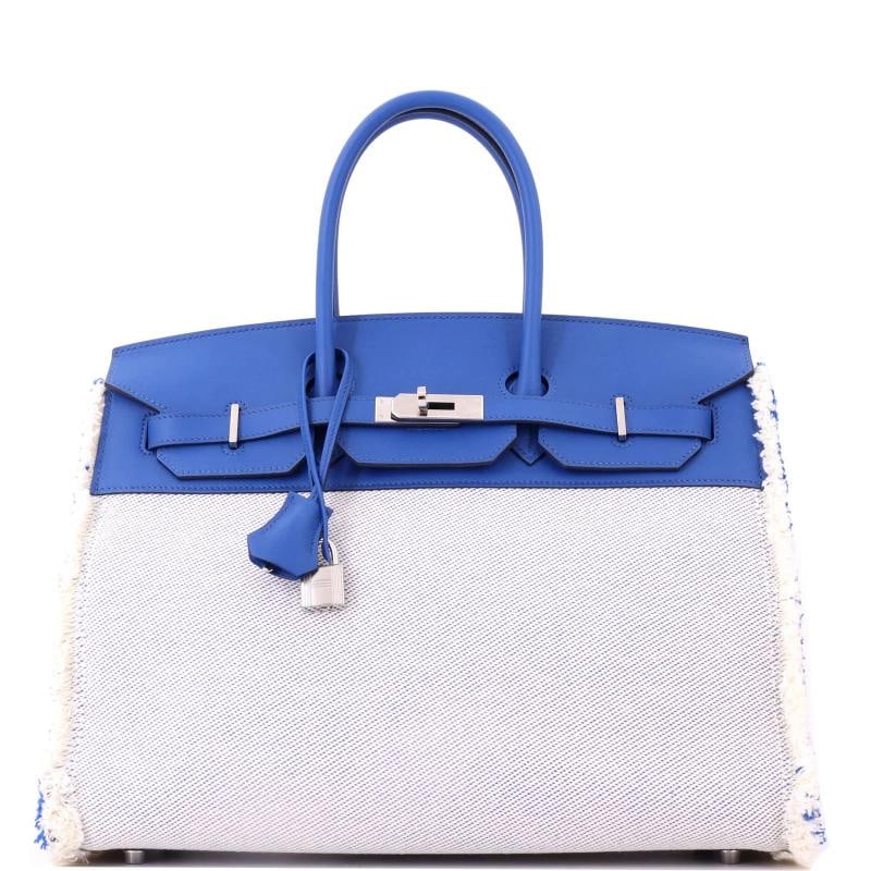 Hermes Fray Fray Birkin Bag Toile and Swift 35: Accessories: Keys, Box, Lock, Clochette Measurements: Handle Drop 5", Height 11", Width 14", Depth 6.5". Condition: Pre-owned - Excellent,Brand: Hermes,Exterior Material: Canvas Plain, Leather,Style: