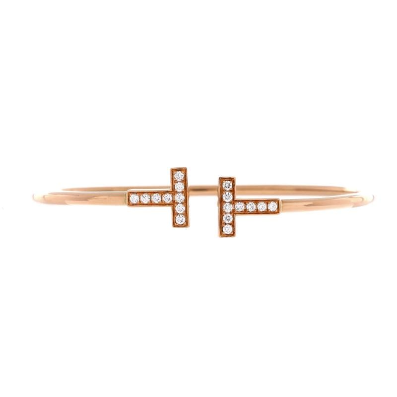 Tiffany & Co. T Wire Bracelet 18K Rose Gold with Diamonds: Measurements: Circumference: 6.40 ", Width: 2.45 mm . Condition: Pre-owned - Good,Brand: Tiffany & Co.,Main Stone: Diamond,Metal: 18K Rose Gold,Metal Purity: 18K,Style: Bracelet,Type: Bracelet,Color: