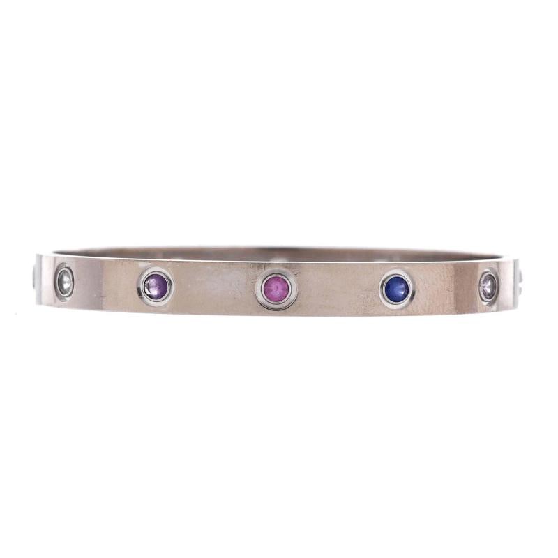 Cartier Love 10 Stone Bracelet 18K White Gold with Aquamarine, Sapphire, Spinel: Measurements: Circumference: 5.80 ", Width: 6.05 mm . Condition: Pre-owned - Good,Brand: Cartier,Main Stone: Spinel, Purple,Metal: 18K White Gold,Metal Purity: 18K,Style: Bracelet,Type: Bracelet,Color