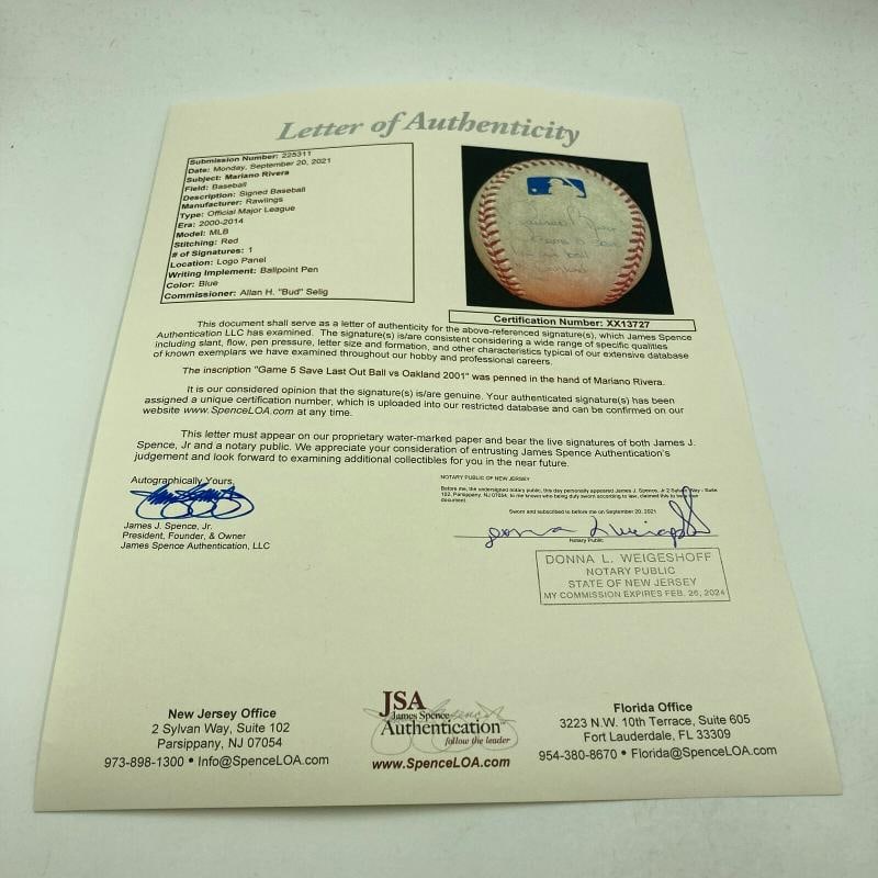 Mariano Rivera 2001 Playoffs Final Out Save Signed Game Used Baseball JSA COA - 7