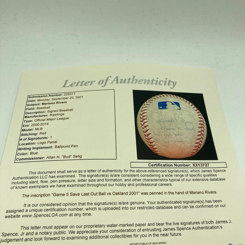 Mariano Rivera 2001 Playoffs Final Out Save Signed Game Used Baseball JSA COA - 8