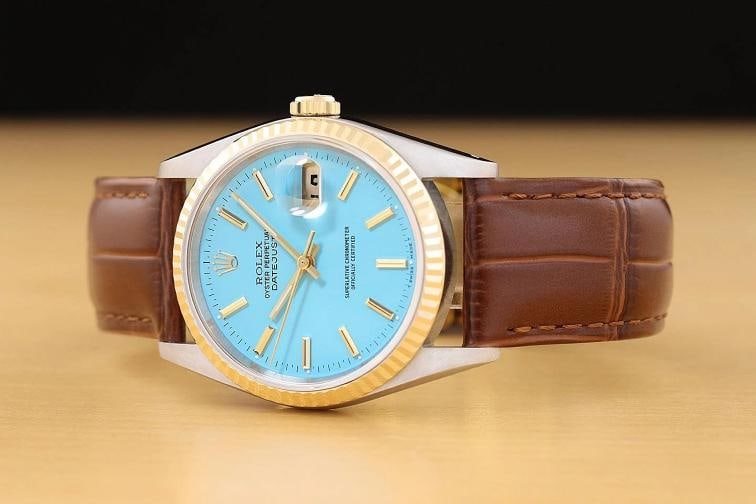ROLEX MENS DATEJUST 16233 AQUA BLUE DIAL 18K GOLD STEEL WATCH w/ LEATHER BAND - 2