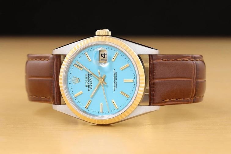 ROLEX MENS DATEJUST 16233 AQUA BLUE DIAL 18K GOLD STEEL WATCH w/ LEATHER BAND - 3