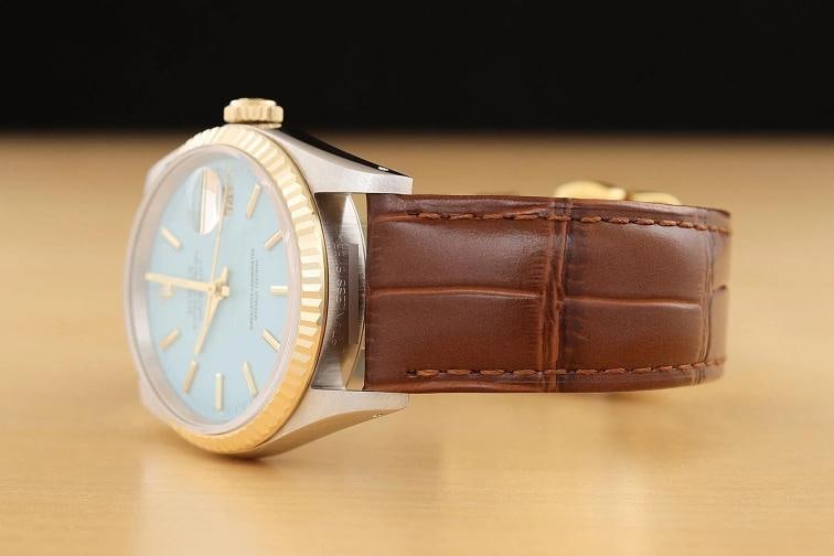ROLEX MENS DATEJUST 16233 AQUA BLUE DIAL 18K GOLD STEEL WATCH w/ LEATHER BAND - 4