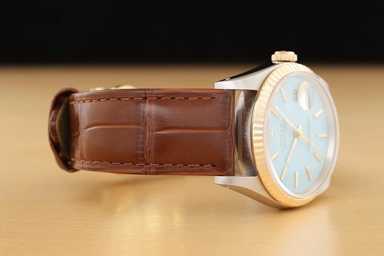 ROLEX MENS DATEJUST 16233 AQUA BLUE DIAL 18K GOLD STEEL WATCH w/ LEATHER BAND - 7