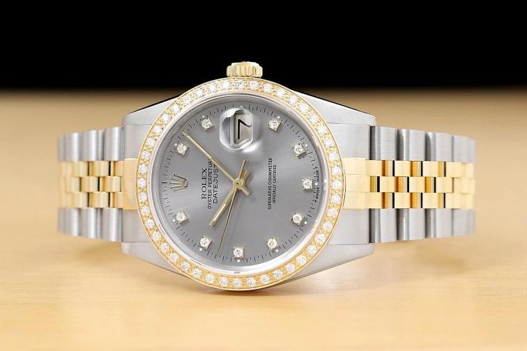 ROLEX DATEJUST 16233 GRAY FACTORY DIAMOND 18K YELLOW GOLD STEEL TWO TONE WATCH - 3