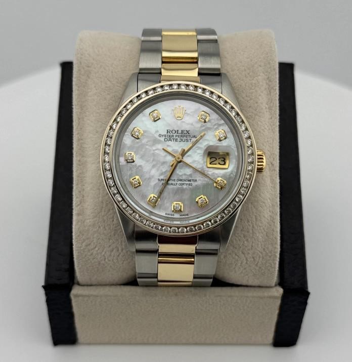 Rolex Datejust 16013 36mm MOP Diamond Dial Diamond Bezel 18K Yellow Gold Steel - 3