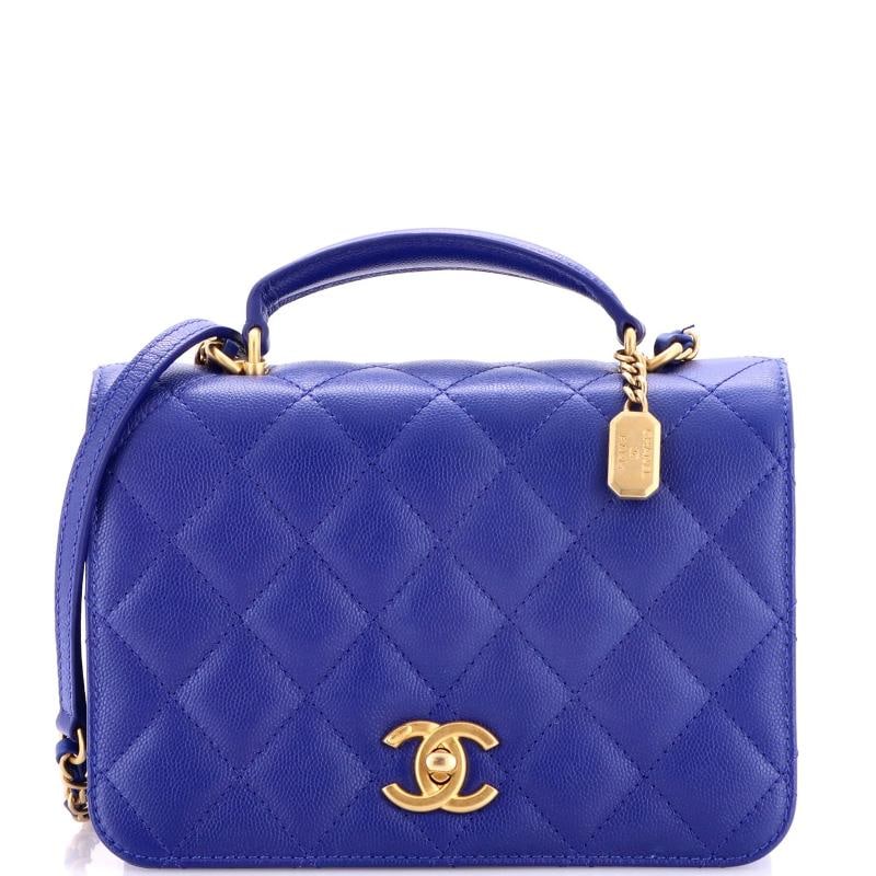 Chanel CC Top Handle Chain Full Flap Bag Quilted Caviar Small: Accessories: Dust Bag Measurements: Height 6", Width 8", Depth 3.5". Condition: Pre-owned - Excellent,Brand: Chanel,Exterior Material: Leather,Style: Shoulder Bags,Exterior Color: Blue,Department:
