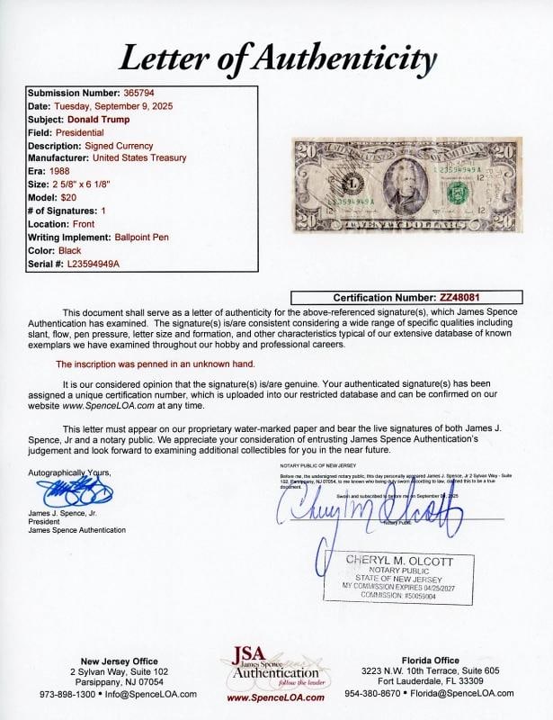 Donald Trump Signed Twenty Dollar Bill (JSA LOA) - 7
