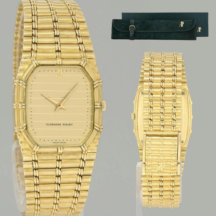 Mens 1980s Audemars Piquet Bamboo 27mm 18k Yellow Gold Motif Dial Mechanical: Brand Audemars Piguet (Guaranteed Authentic) Model Bamboo Serial Number ****** Gender Men's Metal 18k Yellow Gold Case Size 27mm Wrist Size This watch will currently comfortably fit a wrist up to 7.75