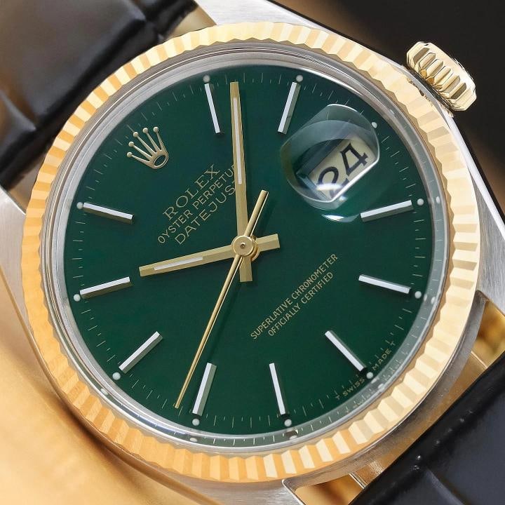 ROLEX DATEJUST 16013 GREEN 18K GOLD STEEL TWO-TONE WATCH w/ BLACK LEATHER STRAP (1 of 9)