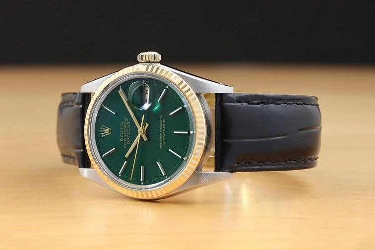 ROLEX DATEJUST 16013 GREEN 18K GOLD STEEL TWO-TONE WATCH w/ BLACK LEATHER STRAP - 2