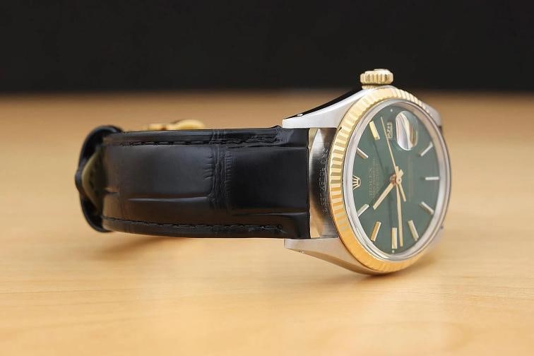 ROLEX DATEJUST 16013 GREEN 18K GOLD STEEL TWO-TONE WATCH w/ BLACK LEATHER STRAP - 7
