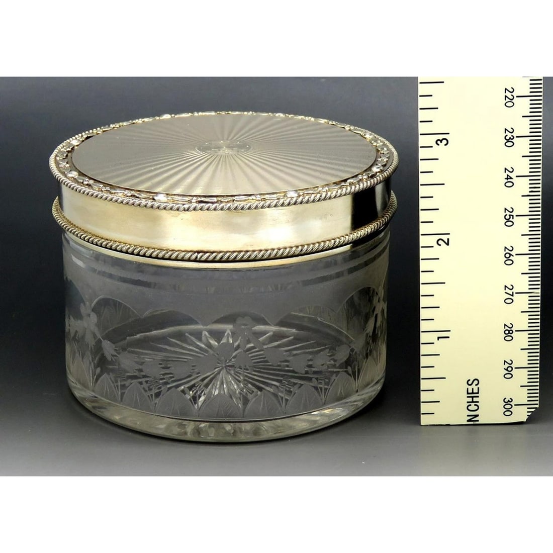 Antique 1927 English Gold Sterling Silver Glass Vanity Dresser Powder Jar Box - 3