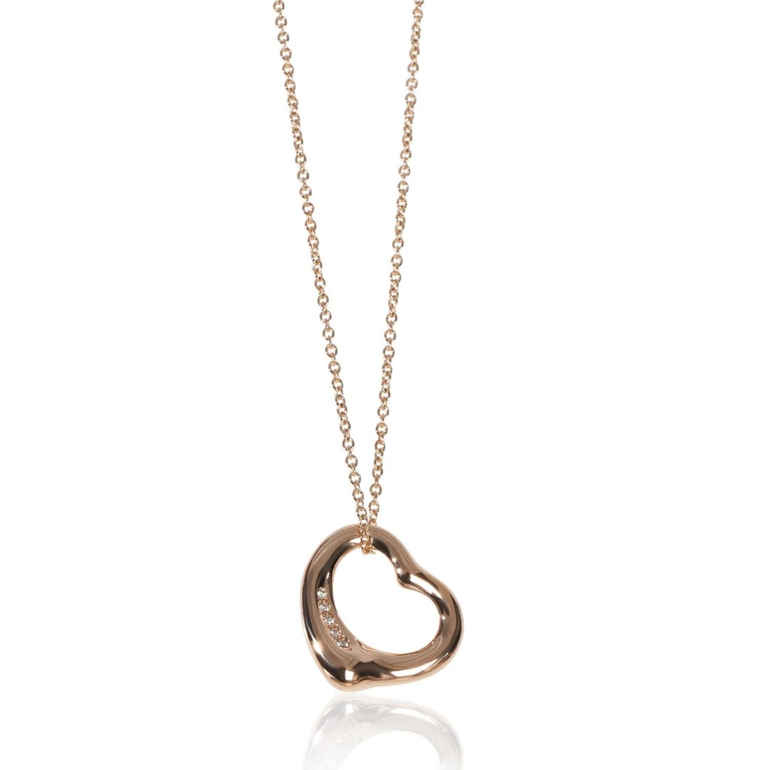 Tiffany & Co. Rose Gold Diamond Elsa Peretti Open Heart Pendant: Condition: Pre-owned,Pendant Shape: Round Brilliant,Necklace Length: 16 in,Country of Origin: Spain,Clasp/Buckle Type: Spring Ring,With Original Box/Packaging: Yes,Side Stone Type: Diamond,Side Stone