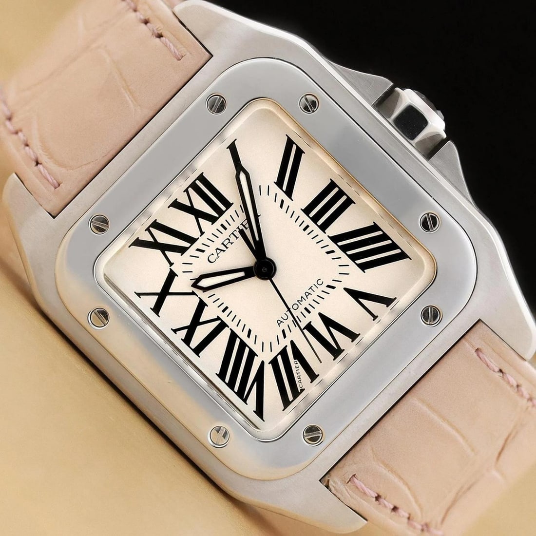 CARTIER UNISEX SANTOS 100 W20126X8 33MM WHITE ROMAN DIAL STEEL LEATHER WATCH (1 of 10)