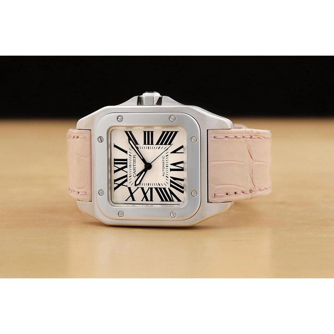 CARTIER UNISEX SANTOS 100 W20126X8 33MM WHITE ROMAN DIAL STEEL LEATHER WATCH - 2