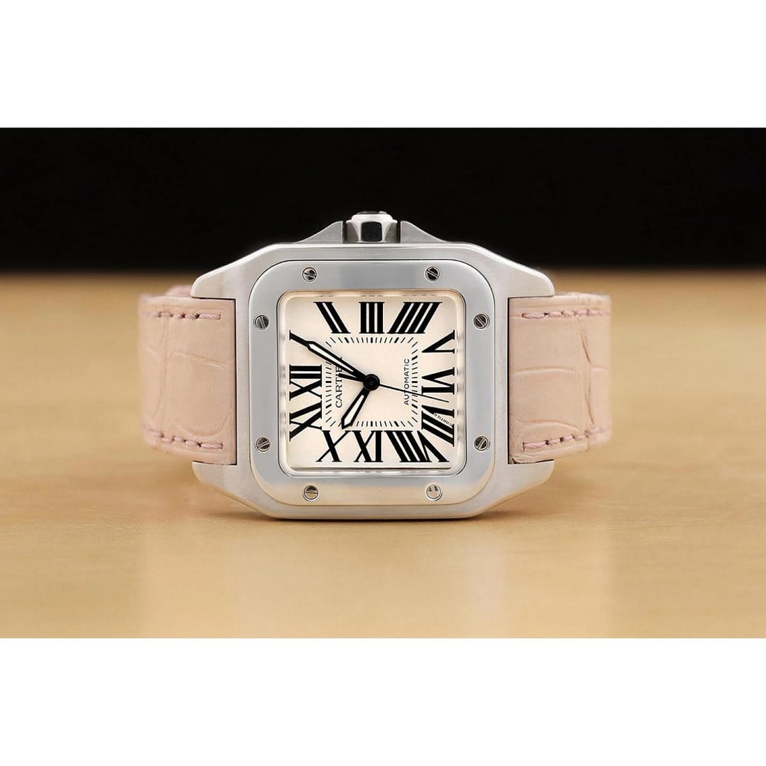 CARTIER UNISEX SANTOS 100 W20126X8 33MM WHITE ROMAN DIAL STEEL LEATHER WATCH - 3