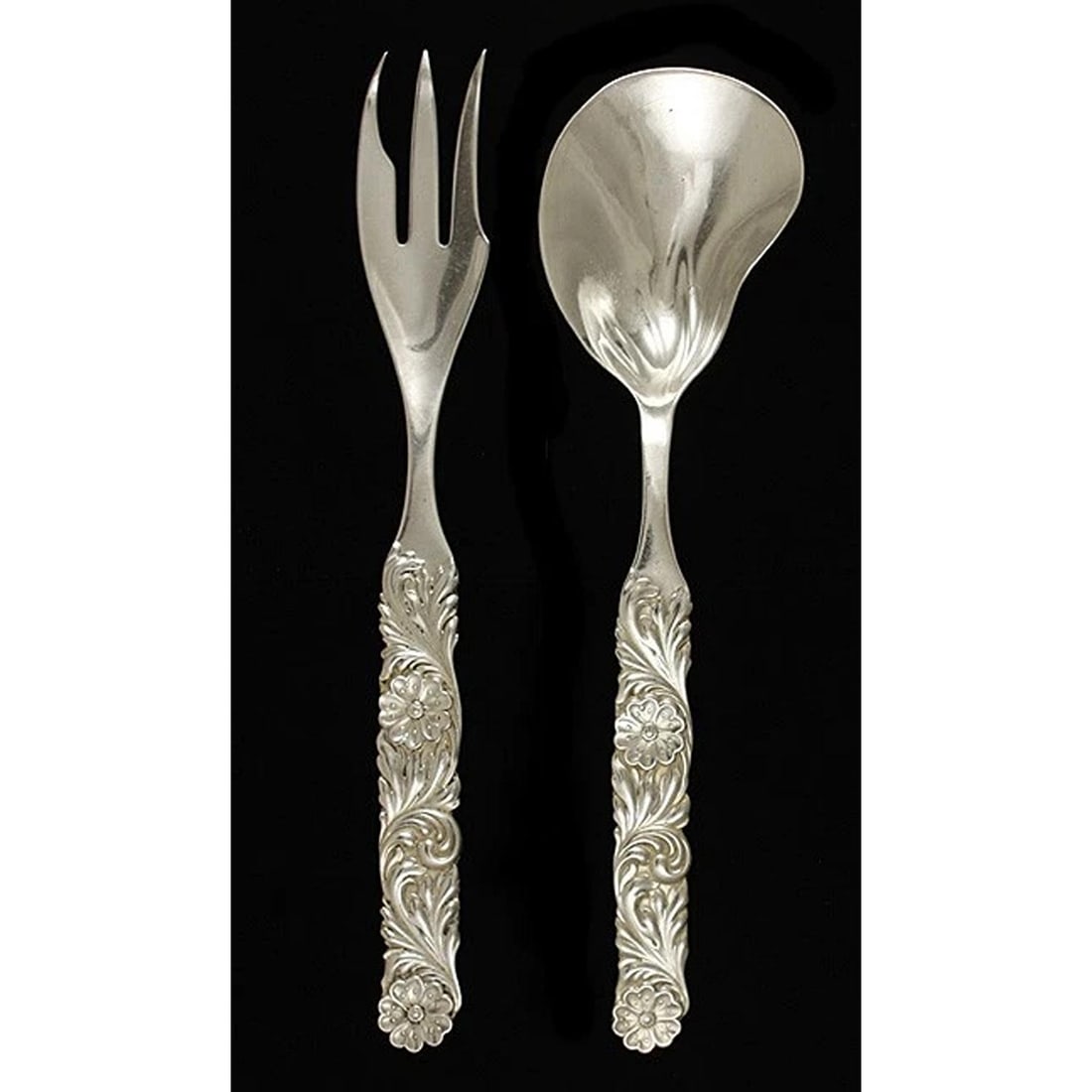 Art Nouveau Silvercraft Sterling Silver Floral Salad Fork Spoon Serving Set (1 of 4)