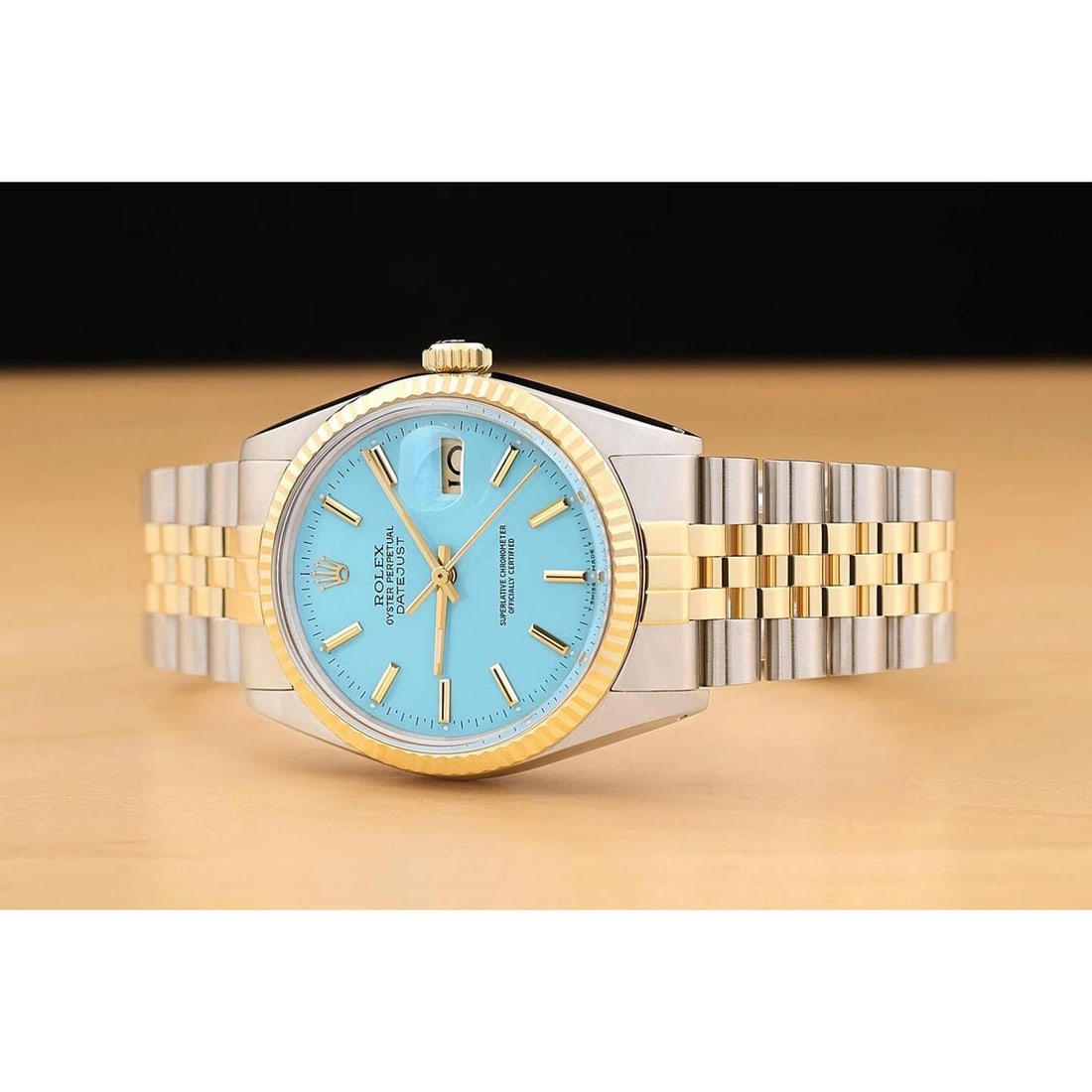 ROLEX MENS DATEJUST 16013 AQUA BLUE DIAL 18K YELLOW GOLD STAINLESS STEEL WATCH - 2