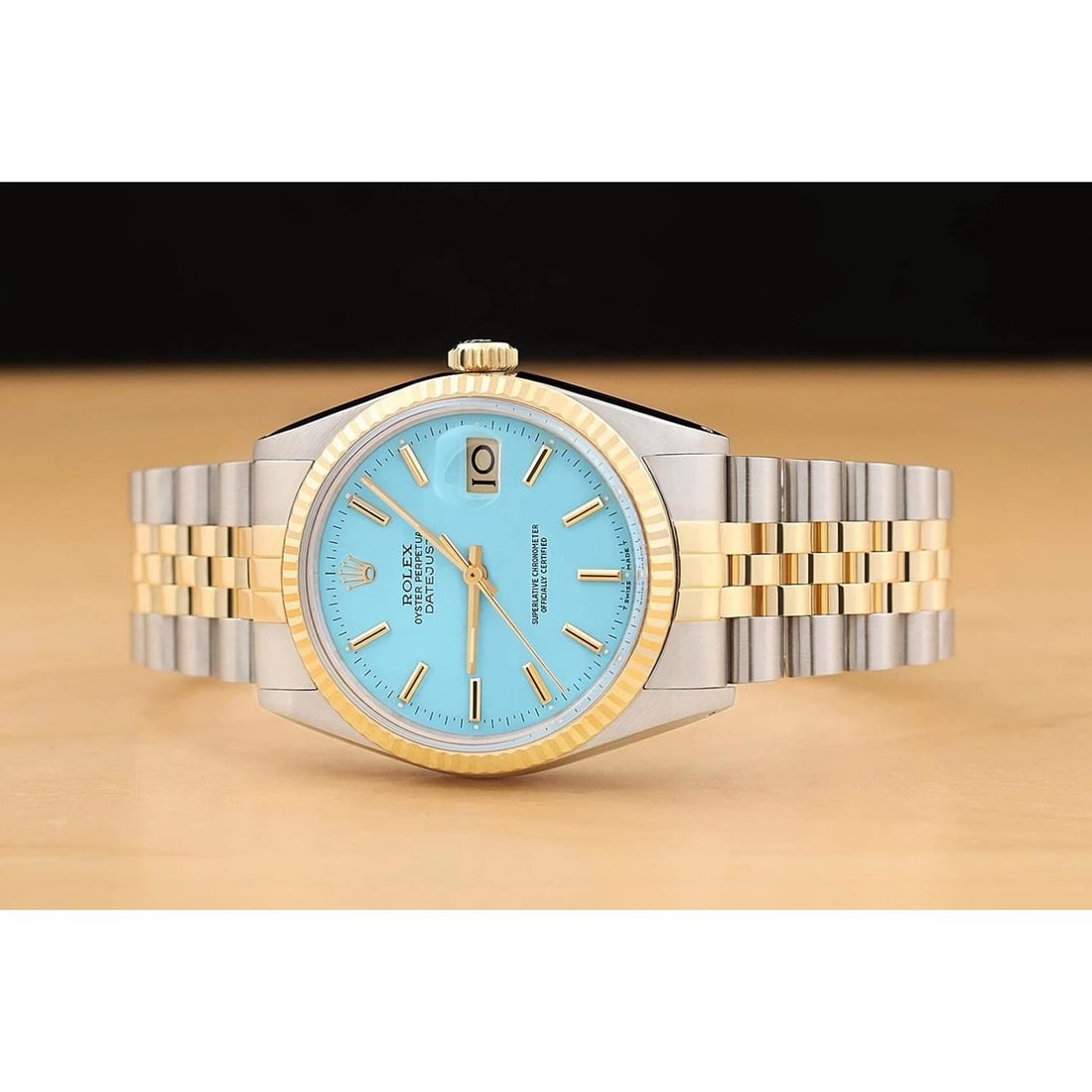 ROLEX MENS DATEJUST 16013 AQUA BLUE DIAL 18K YELLOW GOLD STAINLESS STEEL WATCH - 3