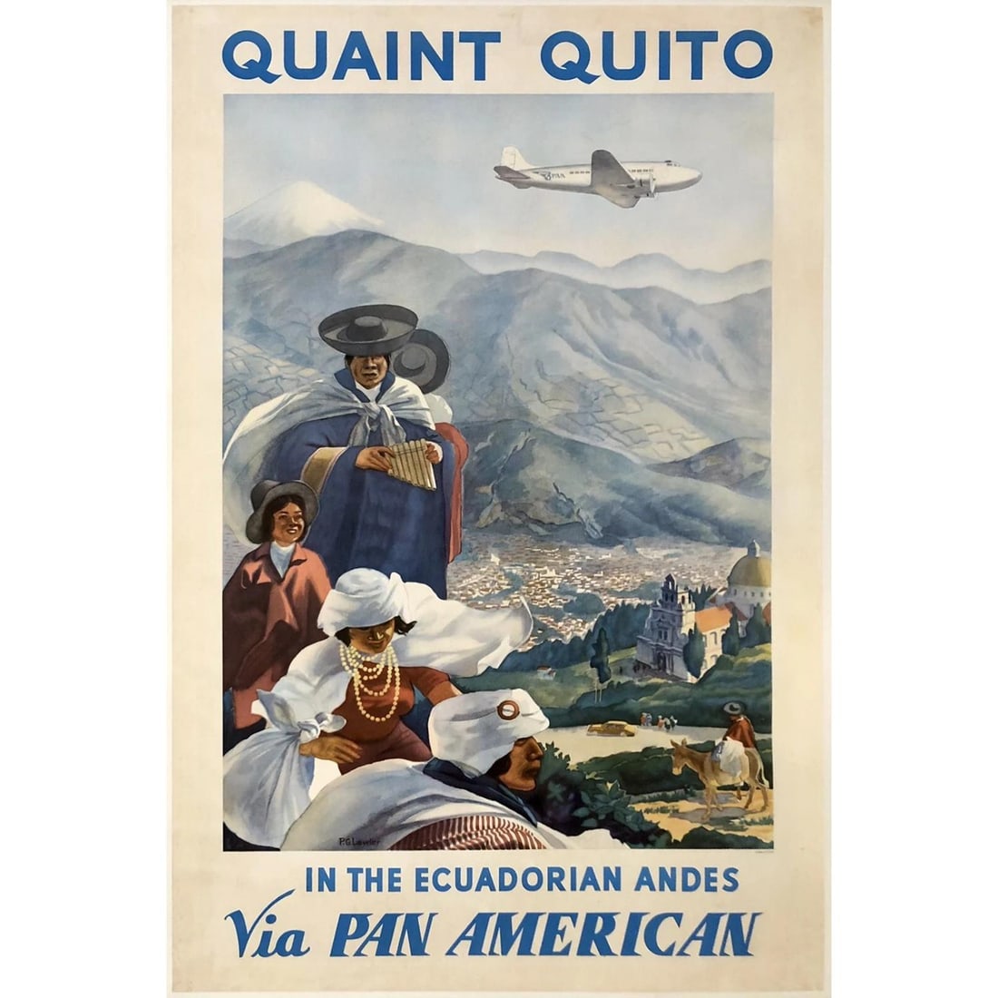 Original Vintage Poster PAN AMERICAN QUITO Pan Am Ecuador Airline Travel LINEN (1 of 5)