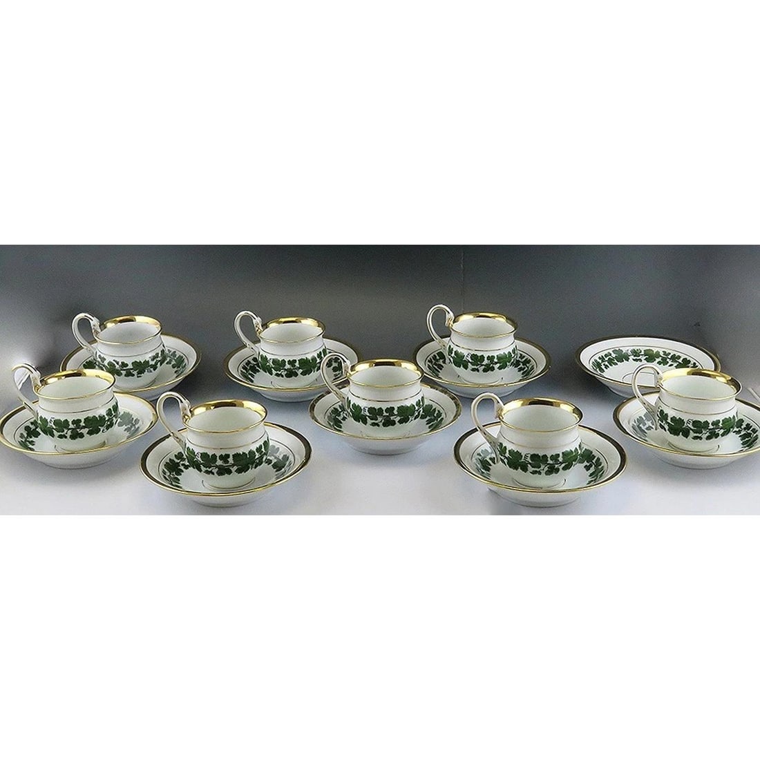 Fantastic 17pc Meissen Full Green Vine Gilt Tea Coffee Cup and Saucer Set: Condition: Used: An item that has been used previously. The item may have some signs of cosmetic wear, but is fully operational and functions as intended. This item may be a floor model or store
