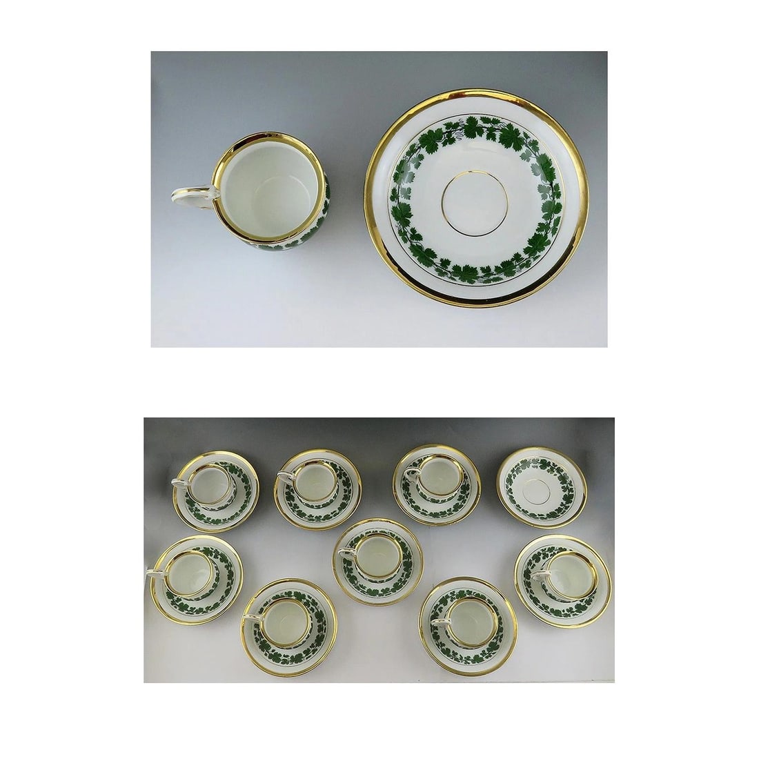 Fantastic 17pc Meissen Full Green Vine Gilt Tea Coffee Cup and Saucer Set - 6