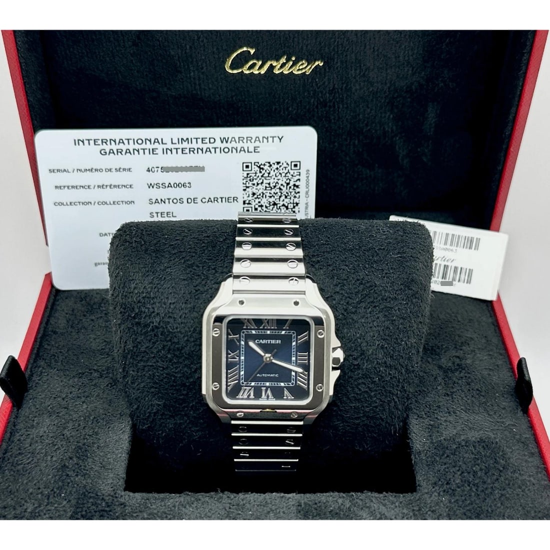 Cartier Santos Medium 35.1mm WSSA0063 Blue Dial Steel Extra Band Box Paper: Condition: Pre-owned - Excellent,Bezel Color: Silver,Indices: Roman Numerals,Year Manufactured: 2020-Now,Band/Strap: Bracelet,Case Color: Silver,Department: Unisex Adults,Watch Shape: Square,Style: