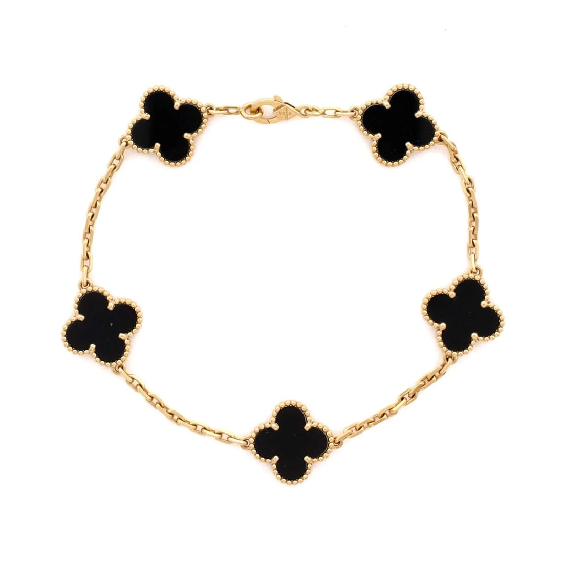 Van Cleef & Arpels Vintage Alhambra 5 Motifs Bracelet 18K Yellow Gold and Onyx: Condition: Pre-owned - Good,Brand: Van Cleef & Arpels,Main Stone: Onyx,Metal: 18K Yellow Gold,Metal Purity: 18K,Style: Bracelet,Type: Bracelet,Color: Yellow Gold,Material: 18K Yellow Gold, Onyx Condit