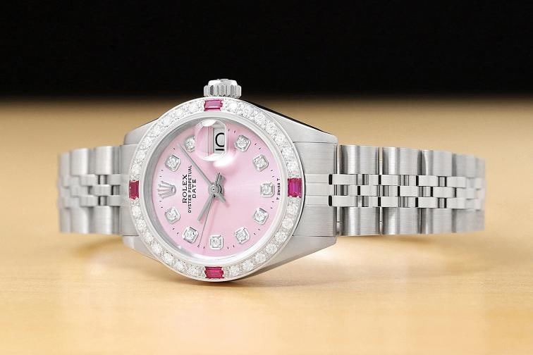 LADIES ROLEX DATE PINK RUBY DIAMOND 18K WHITE GOLD STAINLESS STEEL WATCH - 2