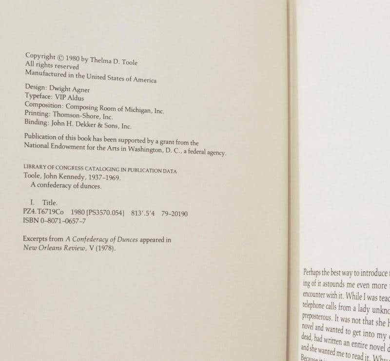 Confederacy of Dunces ~ by JOHN KENNEDY TOOLE ~ First Edition 1st Printing 1980 - 8