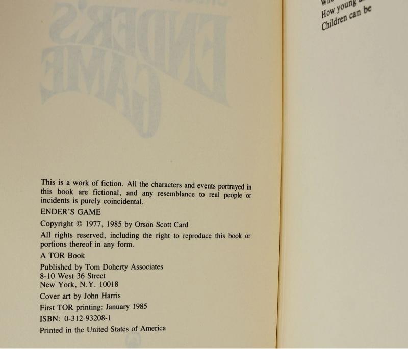 Ender's Game ~ ORSON SCOTT CARD ~ First Edition ~ 1st Printing 1985 ~ Enders - 8