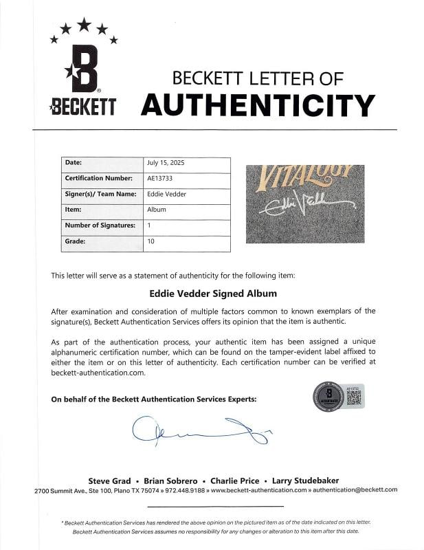 Eddie Vedder Pearl Jam Signed Vitalogy Album Cover W/ Vinyl (BECKETT 10 AUTO + JSA LOA) - 4